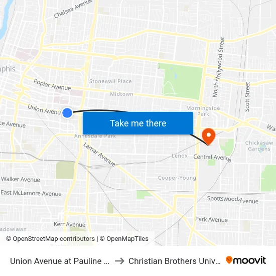 Union Avenue at Pauline Street to Christian Brothers University map