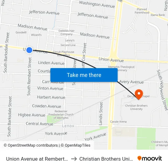 Union Avenue at Rembert Street to Christian Brothers University map