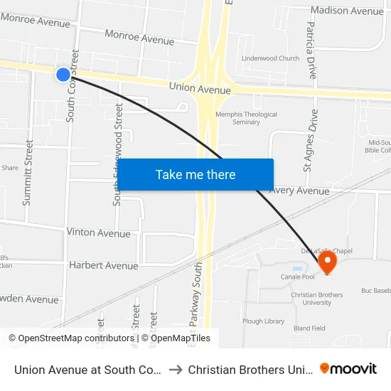 Union Avenue at South Cox Street to Christian Brothers University map