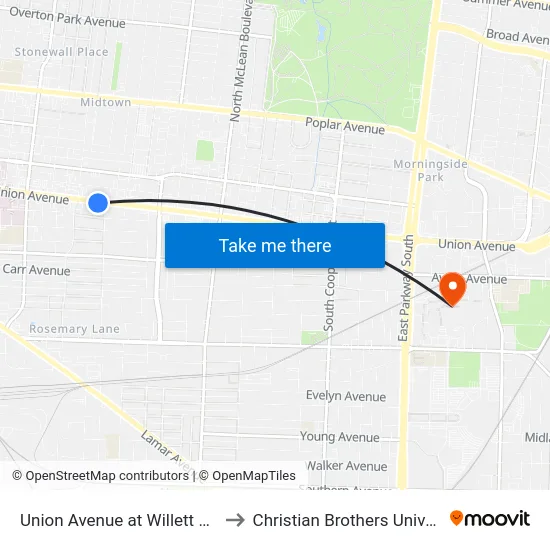 Union Avenue at Willett Street to Christian Brothers University map