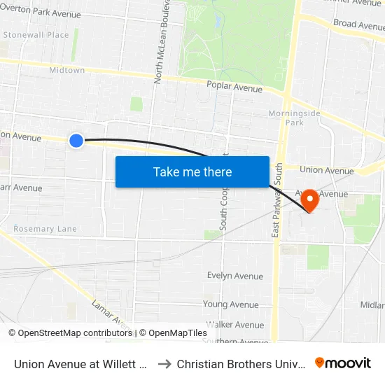 Union Avenue at Willett Street to Christian Brothers University map
