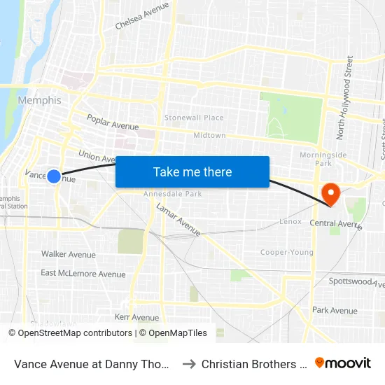 Vance Avenue at Danny Thomas Boulevard to Christian Brothers University map