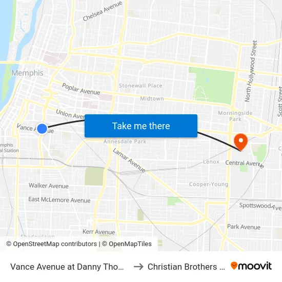 Vance Avenue at Danny Thomas Boulevard to Christian Brothers University map