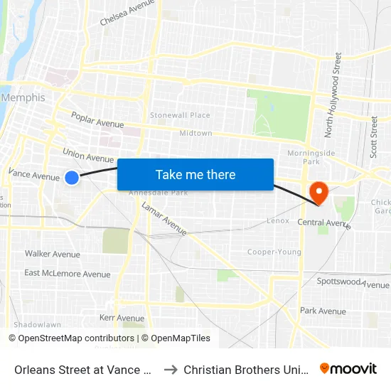 Orleans Street at Vance Avenue to Christian Brothers University map