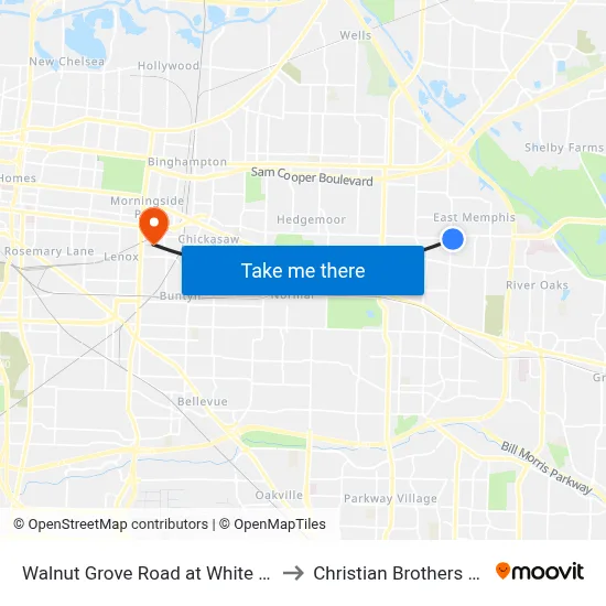 Walnut Grove Road at White Station Road to Christian Brothers University map