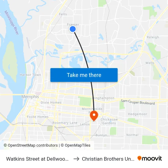 Watkins Street at Dellwood Avenue to Christian Brothers University map