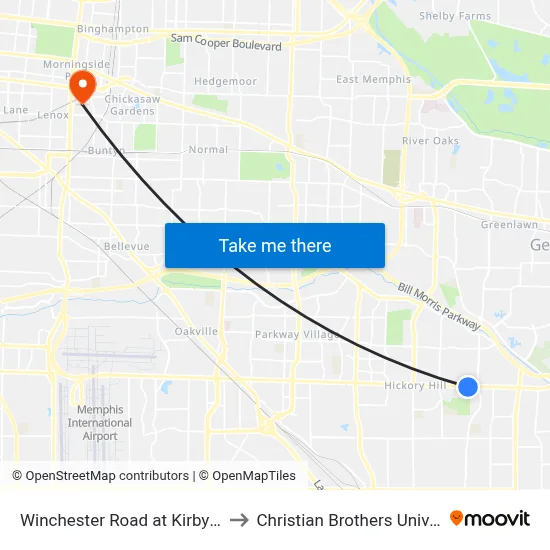 Winchester Road at Kirby Road to Christian Brothers University map
