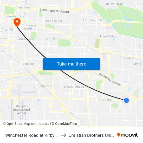 Winchester Road at Kirby Terrace to Christian Brothers University map