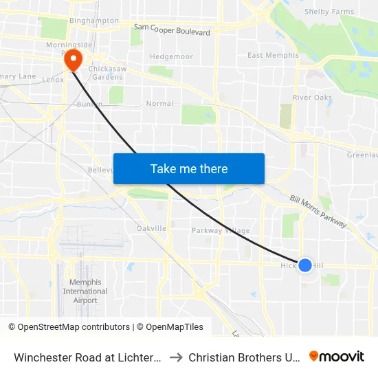 Winchester Road at Lichterman Road to Christian Brothers University map