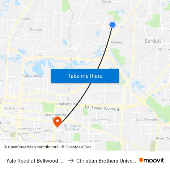 Yale Road at Bellwood Drive to Christian Brothers University map