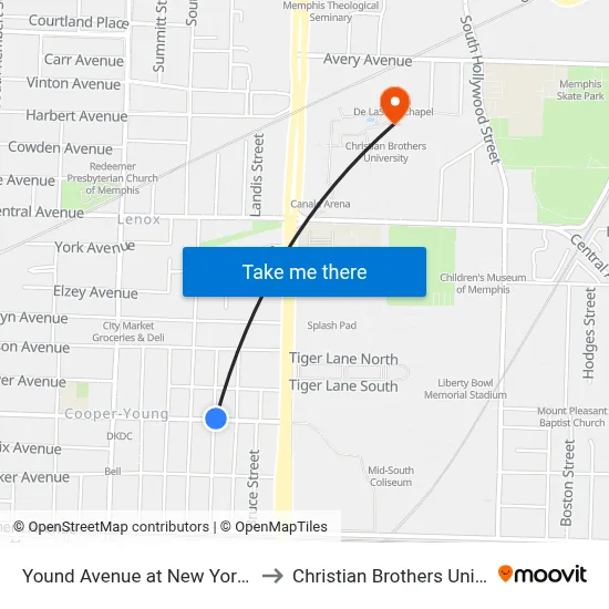 Yound Avenue at New York Street to Christian Brothers University map