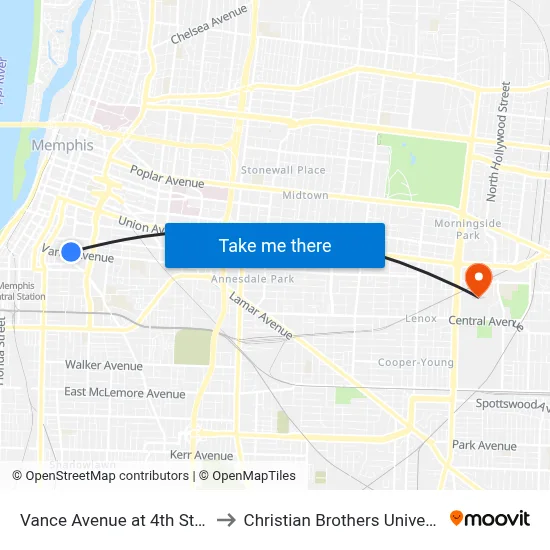 Vance Avenue at 4th Street to Christian Brothers University map