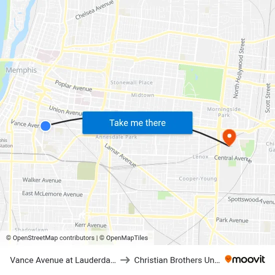 Vance Avenue at Lauderdale Street to Christian Brothers University map