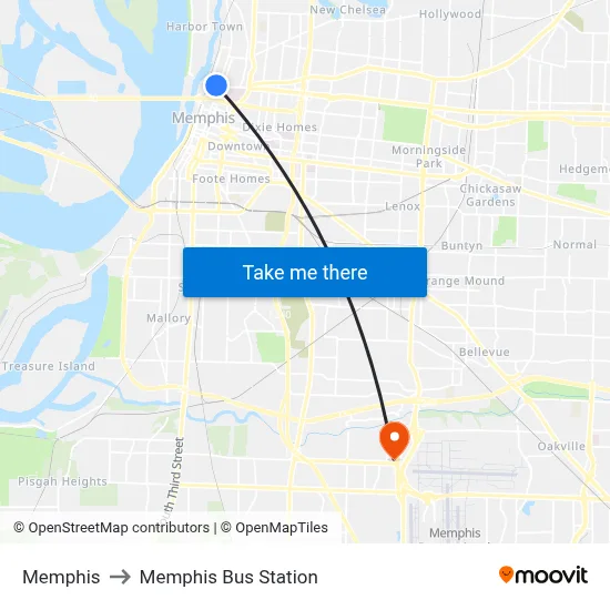 Memphis to Memphis Bus Station map