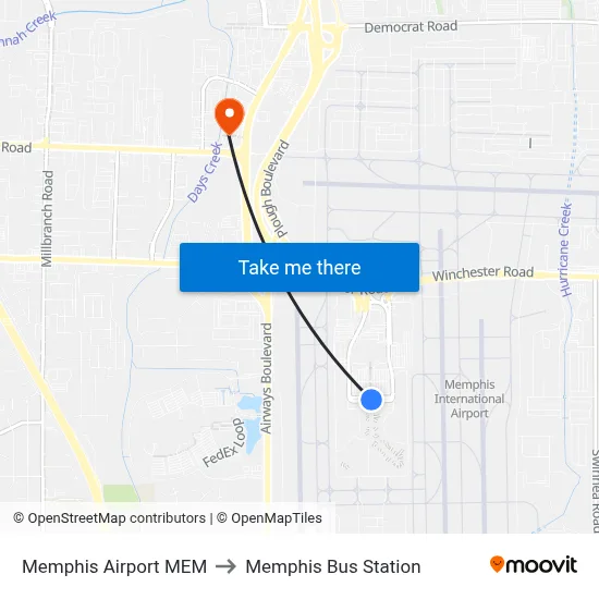 Memphis Airport MEM to Memphis Bus Station map