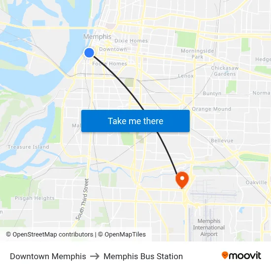Downtown Memphis to Memphis Bus Station map