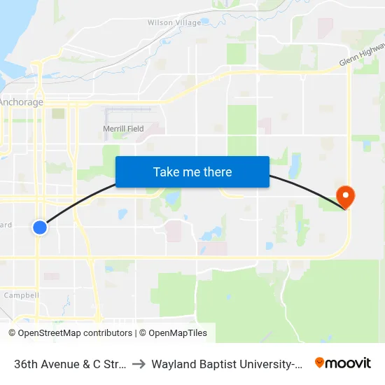 36th Avenue & C Street Ese to Wayland Baptist University-Anchorage map