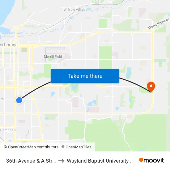 36th Avenue & A Street Ese to Wayland Baptist University-Anchorage map
