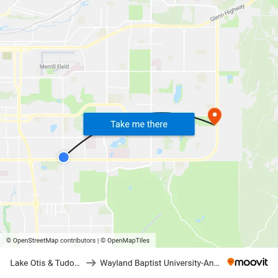 Lake Otis & Tudor Nne to Wayland Baptist University-Anchorage map