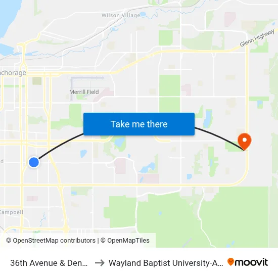 36th Avenue & Denali Wnw to Wayland Baptist University-Anchorage map