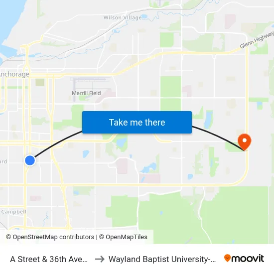 A Street & 36th Avenue Nne to Wayland Baptist University-Anchorage map