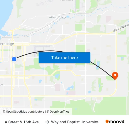 A Street & 16th Avenue Nne to Wayland Baptist University-Anchorage map