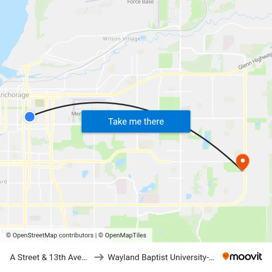 A Street & 13th Avenue Nne to Wayland Baptist University-Anchorage map