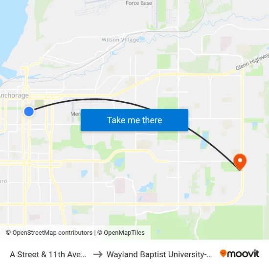 A Street & 11th Avenue Nne to Wayland Baptist University-Anchorage map