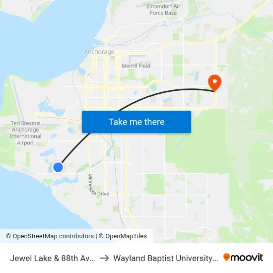 Jewel Lake & 88th Avenue Nne to Wayland Baptist University-Anchorage map