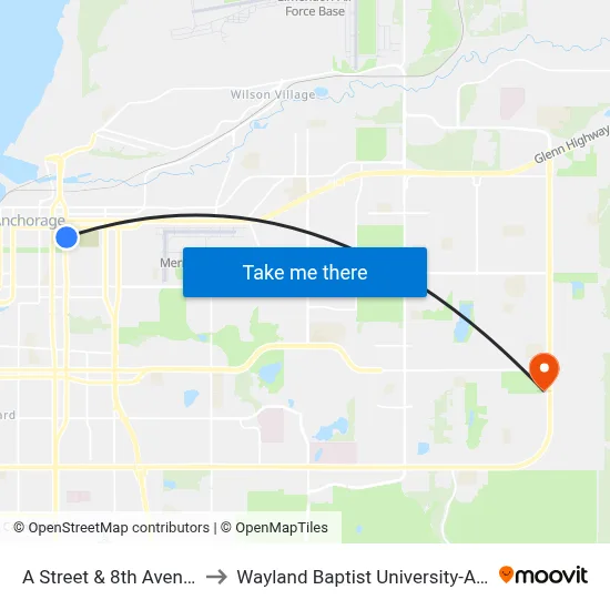 A Street & 8th Avenue Nne to Wayland Baptist University-Anchorage map