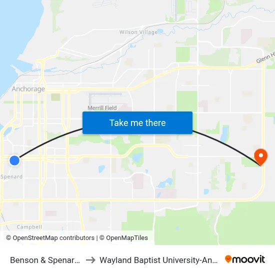 Benson & Spenard Ese to Wayland Baptist University-Anchorage map