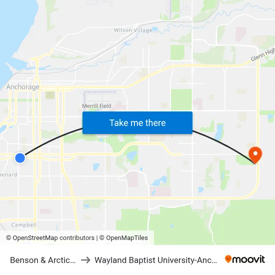Benson & Arctic Ese to Wayland Baptist University-Anchorage map