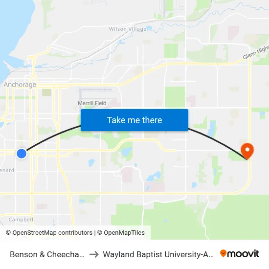 Benson & Cheechako Ese to Wayland Baptist University-Anchorage map