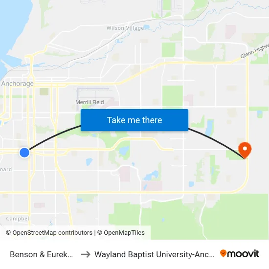 Benson & Eureka Ese to Wayland Baptist University-Anchorage map