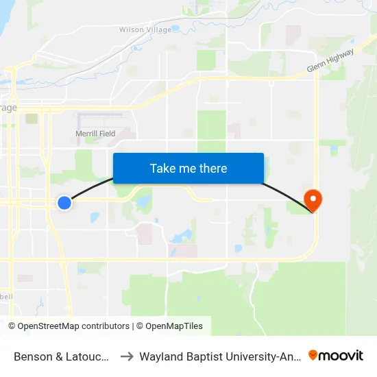 Benson & Latouche Ese to Wayland Baptist University-Anchorage map