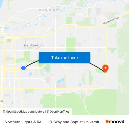 Northern Lights & Redwood Ese to Wayland Baptist University-Anchorage map