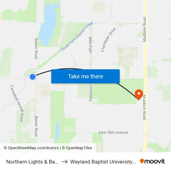 Northern Lights & Baxter Wnw to Wayland Baptist University-Anchorage map