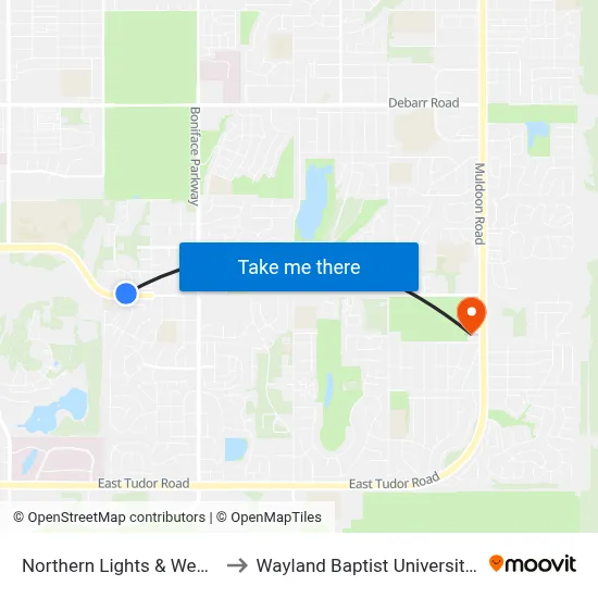 Northern Lights & Wesleyan Wnw to Wayland Baptist University-Anchorage map