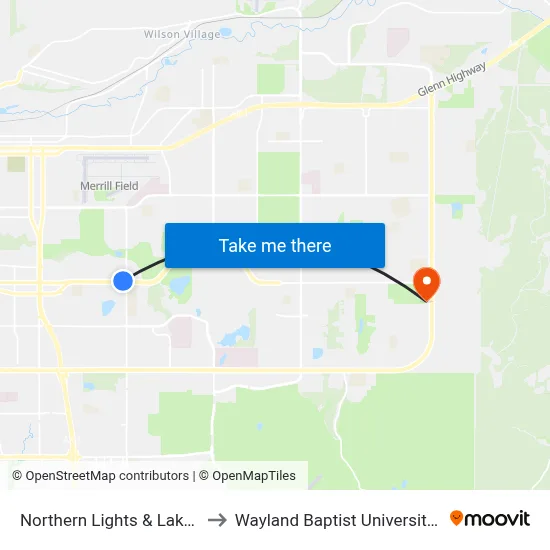 Northern Lights & Lake Otis Wnw to Wayland Baptist University-Anchorage map