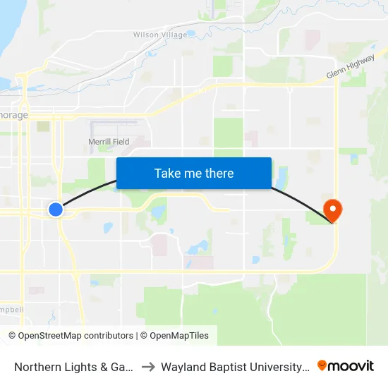 Northern Lights & Gambell Ene to Wayland Baptist University-Anchorage map