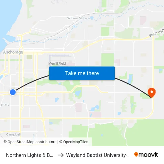 Northern Lights & Bering Ene to Wayland Baptist University-Anchorage map