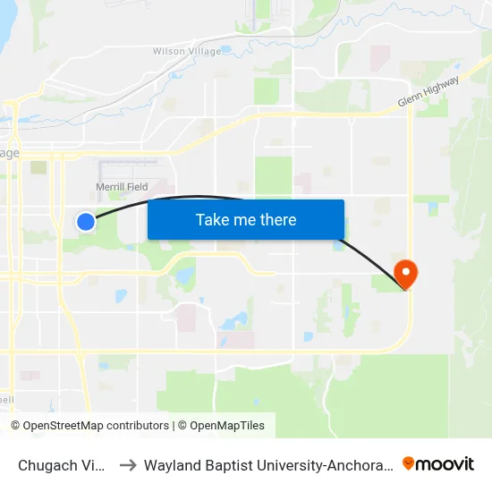Chugach View to Wayland Baptist University-Anchorage map