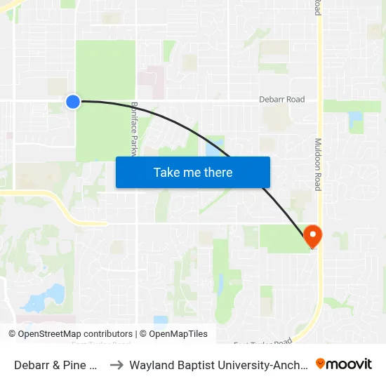 Debarr & Pine Wsw to Wayland Baptist University-Anchorage map