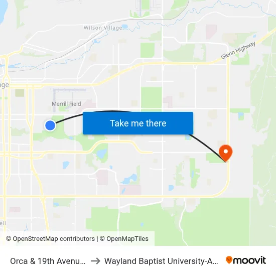 Orca & 19th Avenue Nnw to Wayland Baptist University-Anchorage map