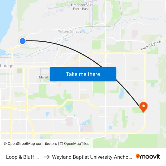 Loop & Bluff Sse to Wayland Baptist University-Anchorage map