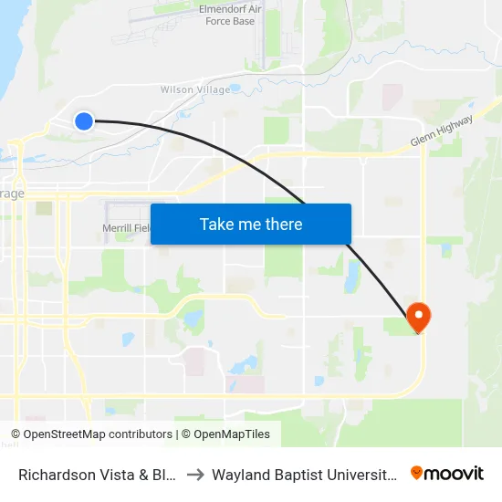 Richardson Vista & Bldg 19 East to Wayland Baptist University-Anchorage map