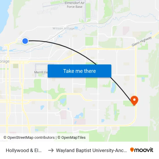 Hollywood & Elm Ene to Wayland Baptist University-Anchorage map
