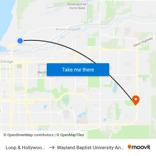 Loop & Hollywood Ssw to Wayland Baptist University-Anchorage map