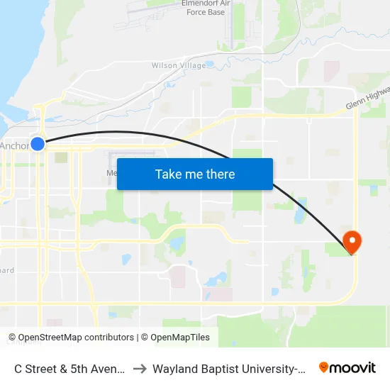 C Street & 5th Avenue Nnw to Wayland Baptist University-Anchorage map