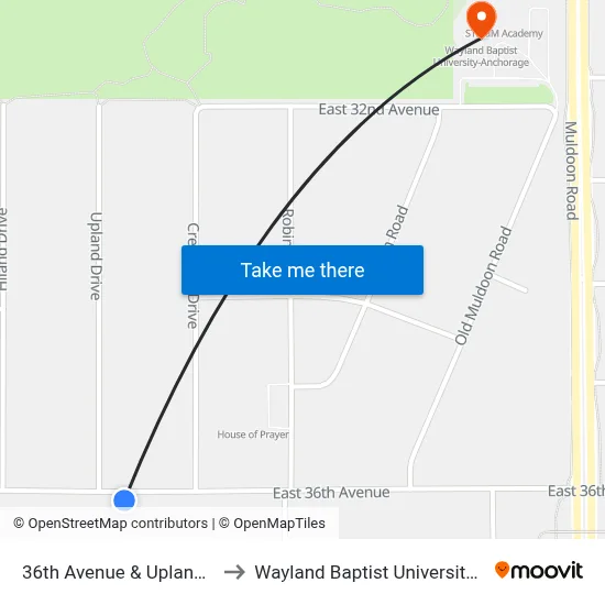 36th Avenue & Upland Drive Ese to Wayland Baptist University-Anchorage map